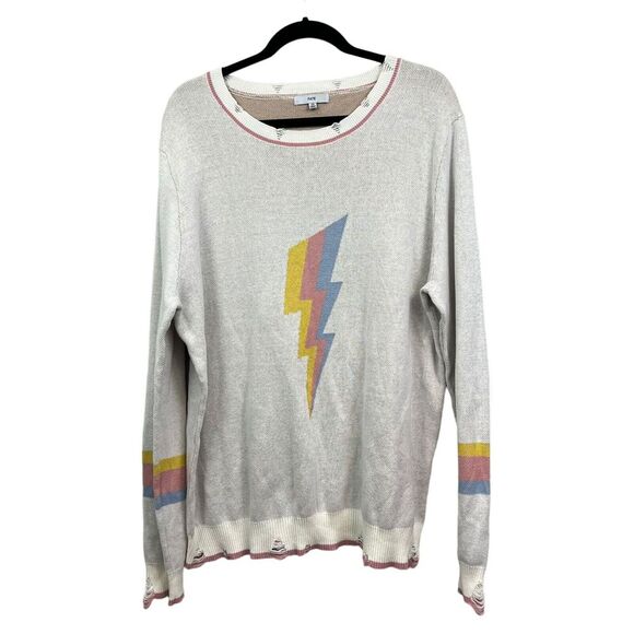 Fate Womens Knit Sweater Crew Neck Distressed Lightning Bolt Print Cream Sz 1X‎ - Picture 1 of 6